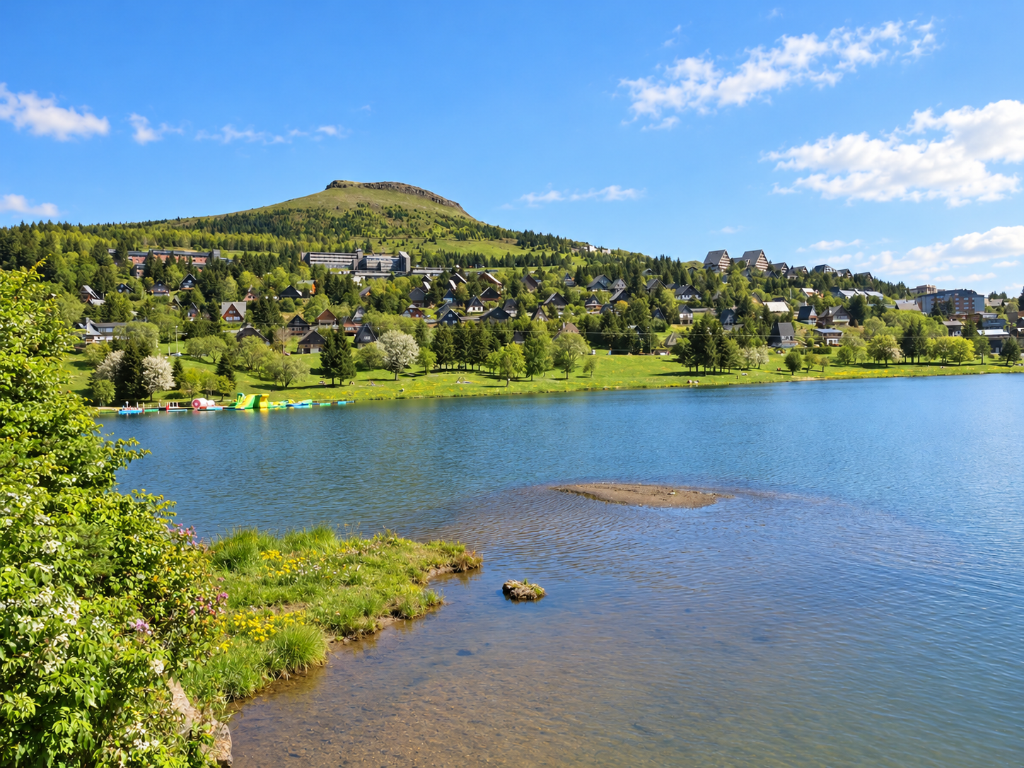Super-Besse et lac des Hermines · Printemps · déclinaison saisonnière illustrative générée par IA