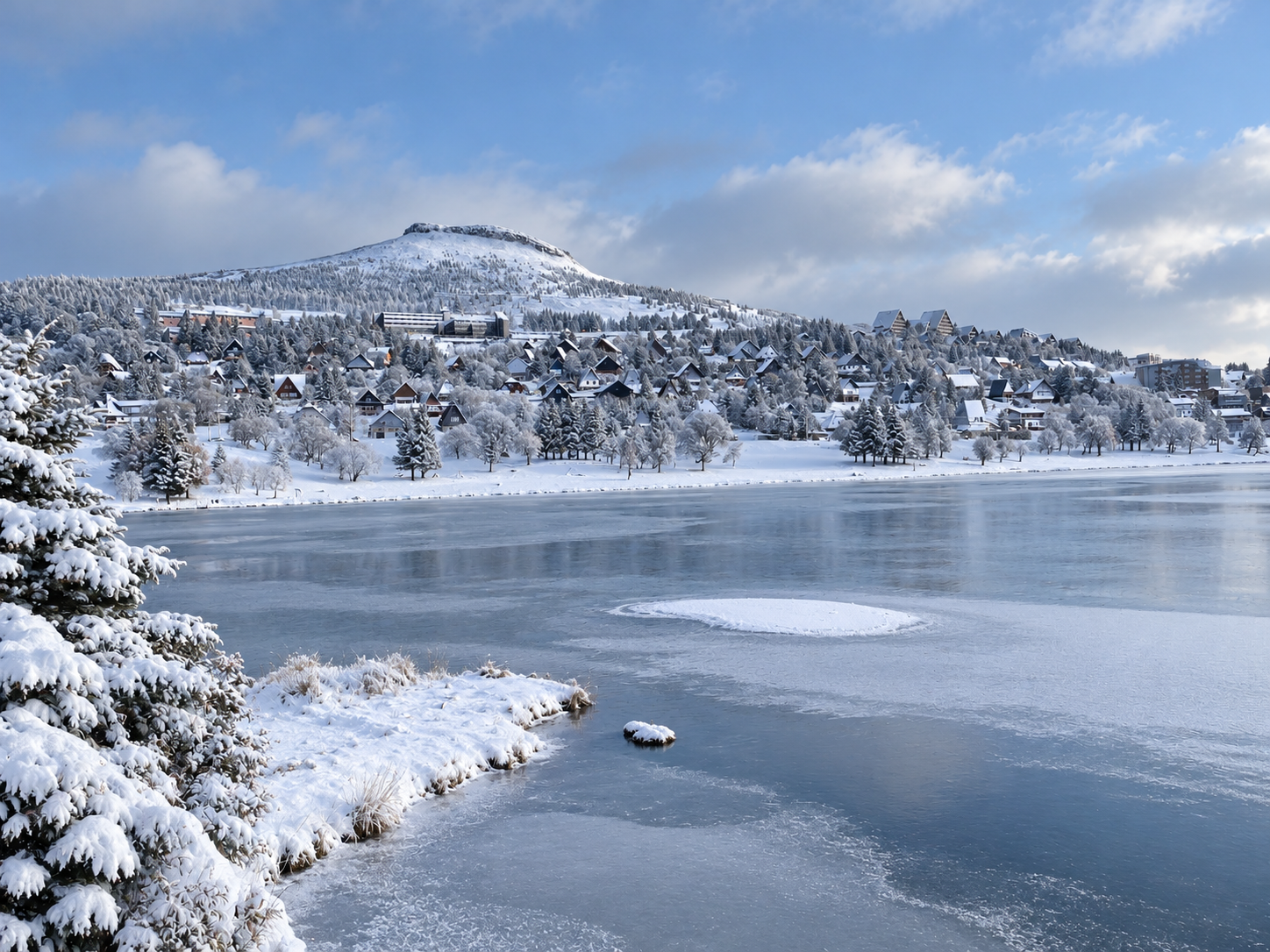 Super-Besse et lac des Hermines · Hiver · déclinaison saisonnière illustrative générée par IA
